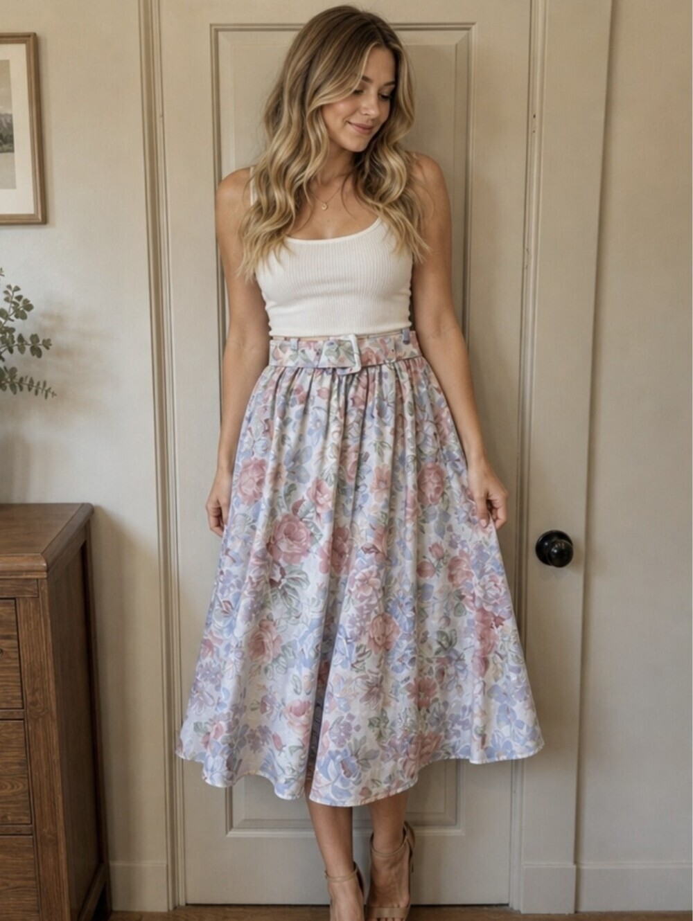 Vtg California Connection Floral Midi Skirt with Belt Cottagecore 90s With Tags